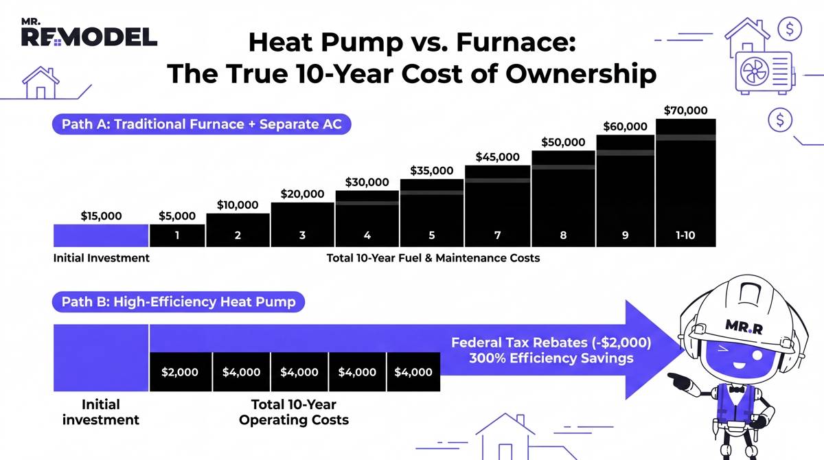 A horizontal bar chart infographic comparing the 10-year lifecycle costs. It shows two paths. Path A (Furnace + AC): "Dual System Initial Cost" + "10 Years of Separate Fossil Fuel Costs" (escalating red bar). Path B (Heat Pump): "Heat Pump Initial Cost" (higher initial bar, but stabilizing green line) - "Federal Tax Rebate ($2,000)" - "300% Efficiency Savings" (lower operating costs). It concludes with a clear "Net 10-Year Savings: Heat Pump Advantage" badge.